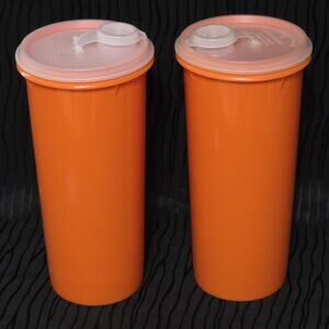 Vintage Tupperware Orange Tumblers Set of 2 w Lids Retro Drink Cups